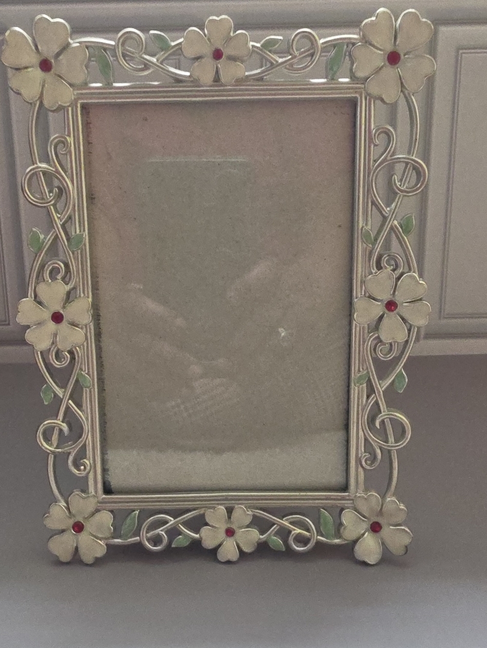 Vintage Floral Silver-Tone Decorative Photo Frame - White & Green